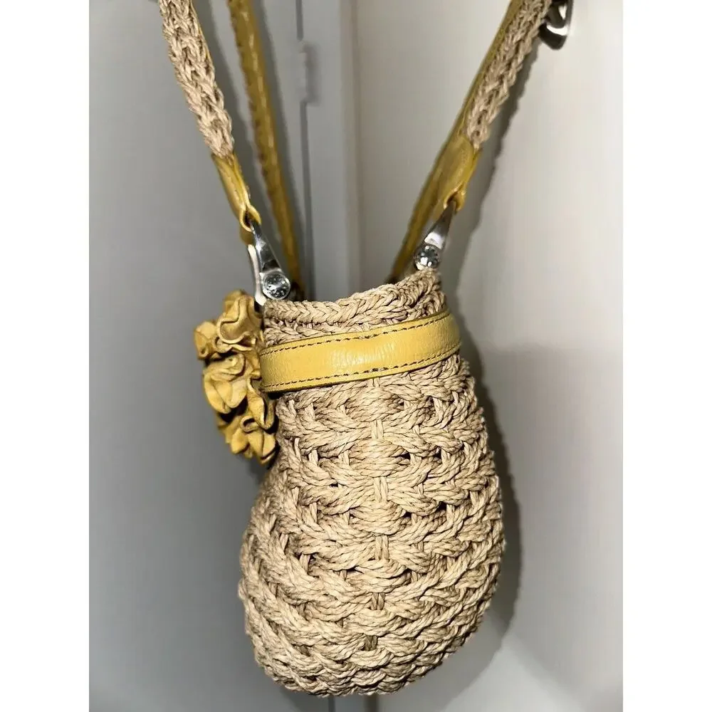 Brighton Straw Yellow Leather‎ Flower Handbag Top Handle Bag Boho Shabby Chic